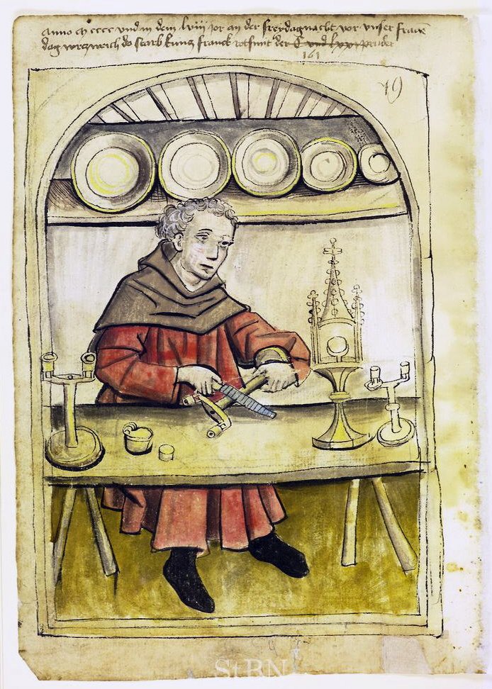 Średniowieczny rzemieślnik (ludwisarz) przy warsztacie — miniatura z norymberskiej „Księgi domowej” fundacji Mendla (1458). Rzemieślnicy zrzeszali się w cechy regulujące jakość i ceny wyrobów. · źródło: Mendel Hausbuch, Wikimedia Commons, domena publiczna