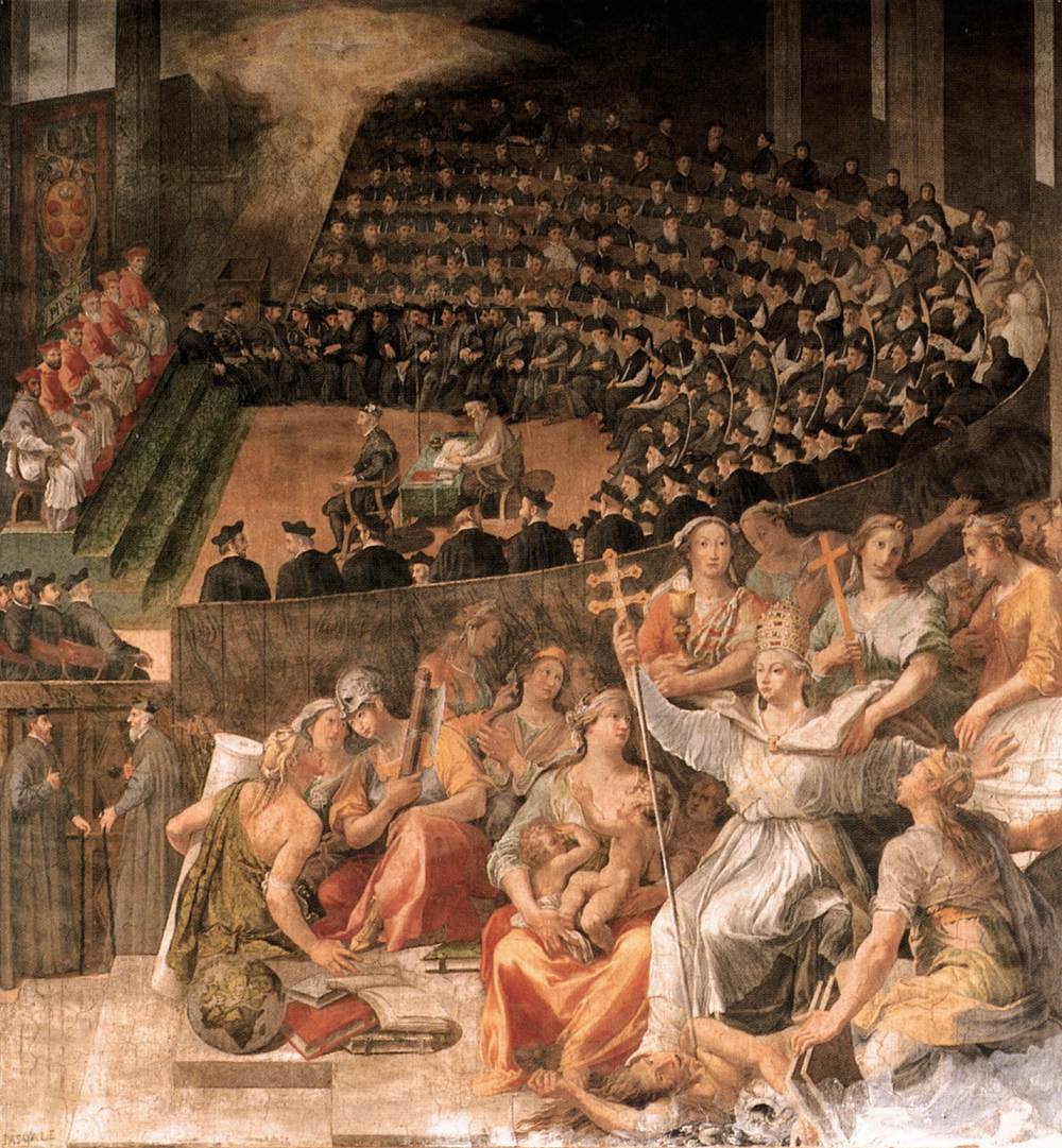 Sobór trydencki — fresk Pasquale Catiego (1588). Trwające z przerwami w latach 1545–1563 obrady zreformowały Kościół katolicki i zdefiniowały kontrreformację. · źródło: Pasquale Cati, Wikimedia Commons, domena publiczna