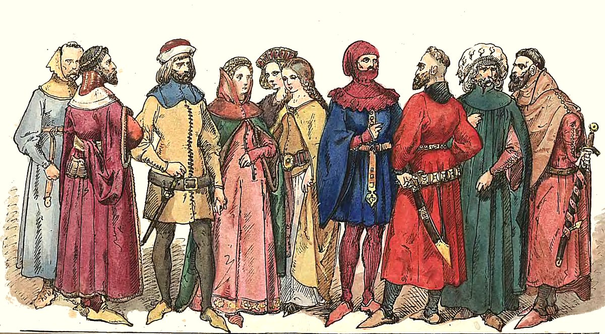 Szlachta polska z lat 1333–1434 (plansza Jana Matejki z „Ubiorów w Polsce”). Stan szlachecki, formalnie równy wobec prawa, stał się podmiotem rodzącej się demokracji szlacheckiej. · źródło: Jan Matejko, Wikimedia Commons, domena publiczna
