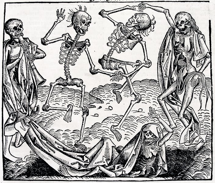 „Taniec śmierci” — drzeworyt Michaela Wolgemuta z Kroniki norymberskiej (1493). Czarna śmierć zabiła ok. jednej trzeciej ludności Europy, odciskając piętno na wyobraźni epoki. · źródło: Michael Wolgemut, Wikimedia Commons, domena publiczna