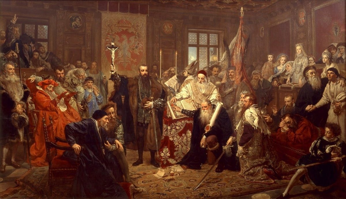 „Unia lubelska” Jana Matejki (1869) — alegoryczne przedstawienie zawarcia unii realnej w 1569 r., łączącej Koronę i Wielkie Księstwo Litewskie w jedno państwo. · źródło: Jan Matejko, Wikimedia Commons, domena publiczna