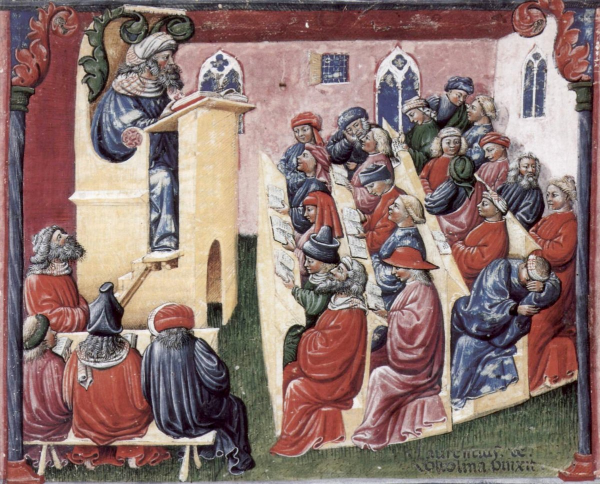 Wykład na średniowiecznym uniwersytecie w Bolonii — miniatura Laurentiusa de Voltolina (XIV w.). Universitas, wspólnota uczonych i studentów, była nowym typem instytucji wiedzy. · źródło: Laurentius de Voltolina, Wikimedia Commons, domena publiczna