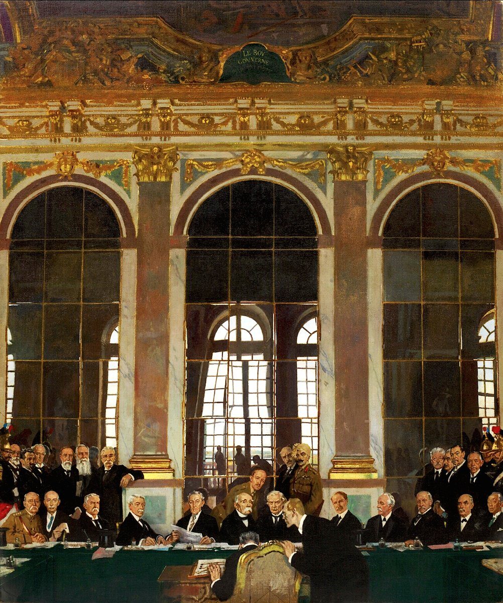 Podpisanie pokoju w Sali Lustrzanej w Wersalu (William Orpen, 1919). Traktat wersalski zakończył wojnę, nakładając na Niemcy surowe warunki. · źródło: William Orpen, Wikimedia Commons, domena publiczna
