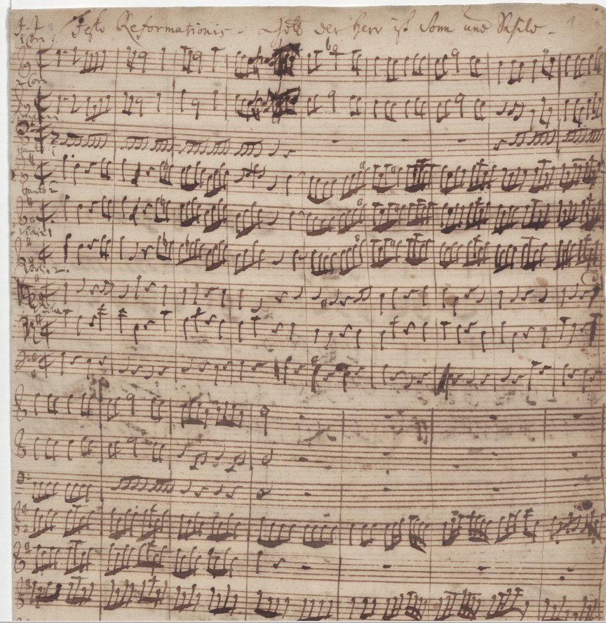 Pierwsza strona autografu kantaty BWV 79 J.S. Bacha (1725) · źródło: Johann Sebastian Bach, Wikimedia Commons, domena publiczna