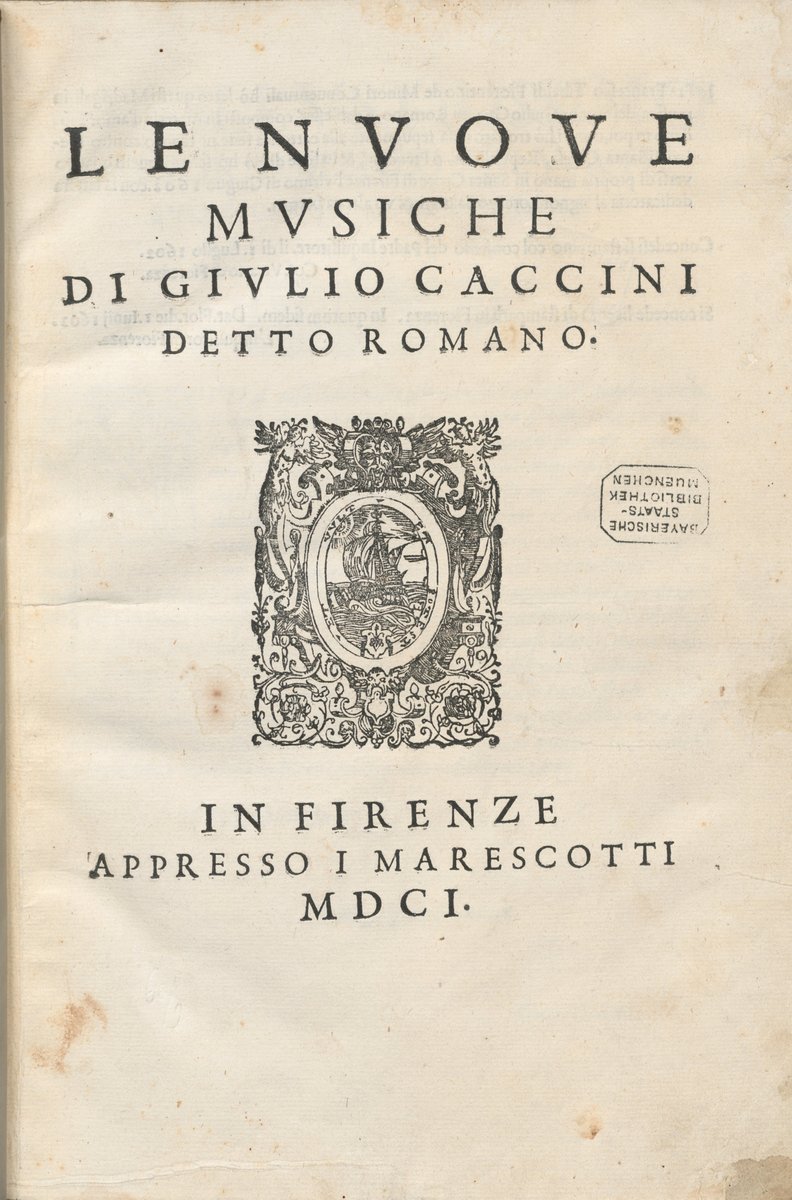 Strona tytułowa „Le nuove musiche” Giulia Cacciniego (1601) — manifest monodii akompaniowanej · źródło: Giulio Caccini, Wikimedia Commons, domena publiczna