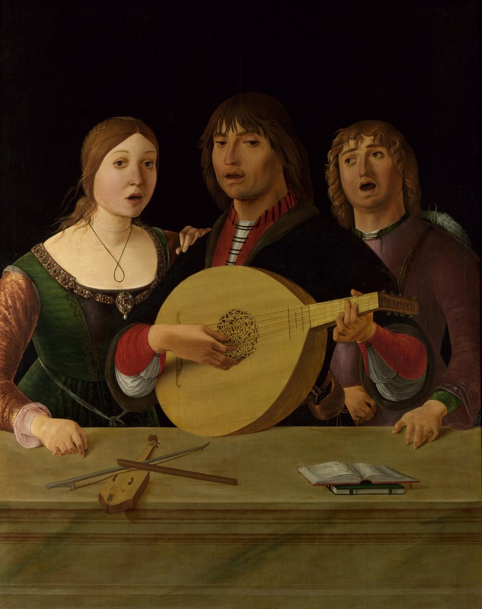 Lorenzo Costa, Koncert (ok. 1488–1490) — troje śpiewaków i lutnista, renesansowe muzykowanie świeckie · źródło: Lorenzo Costa, Wikimedia Commons, domena publiczna
