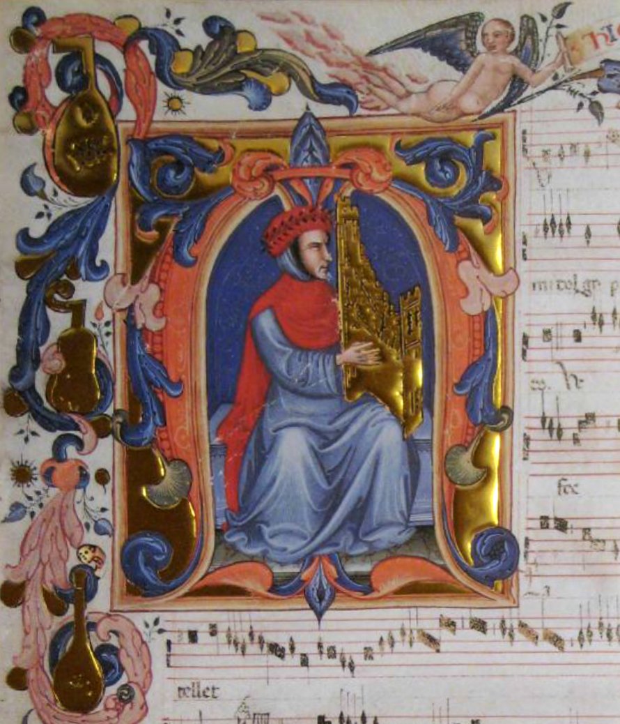 Inicjał z Kodeksu Squarcialupi (s. 246) z portretem Francesca Landiniego grającego na organkach przenośnych · źródło: nieznany, Wikimedia Commons, domena publiczna
