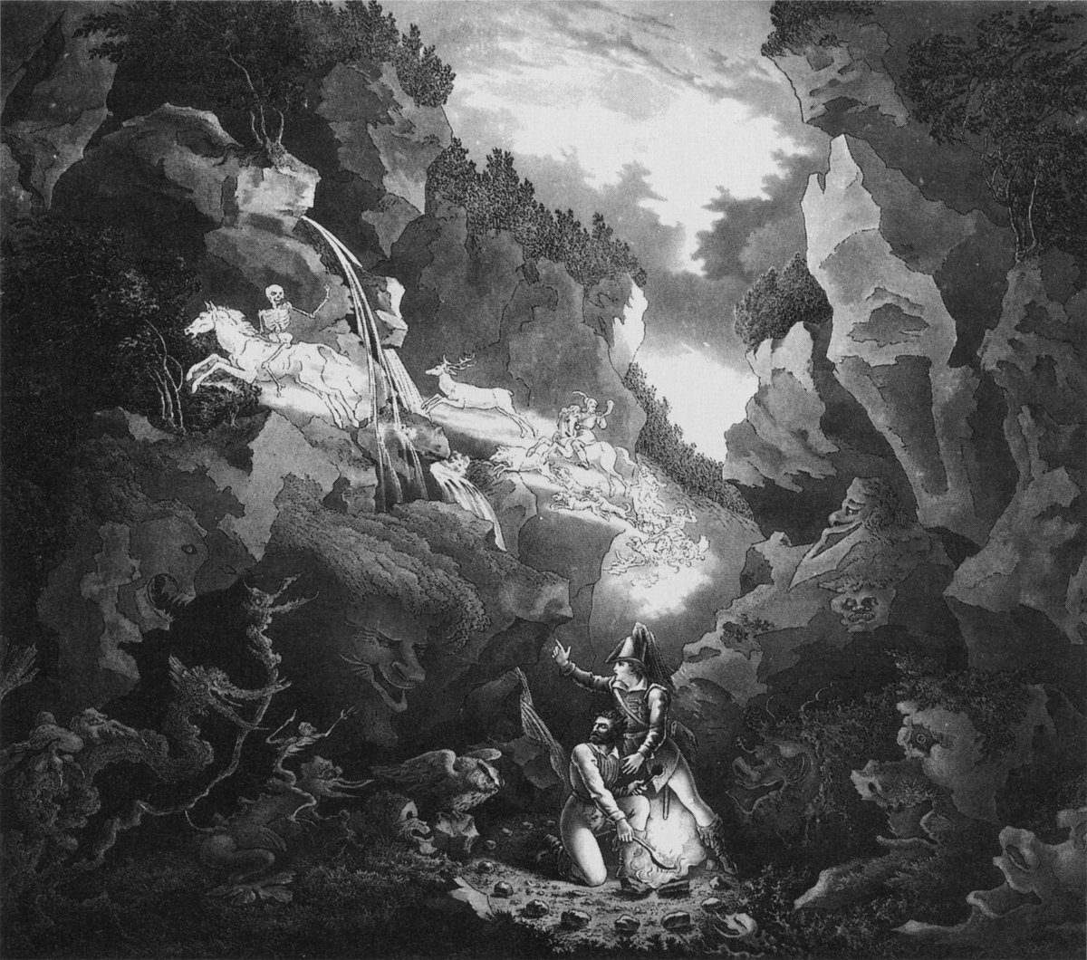 Projekt scenografii do Sceny w Wilczym Wąwozie z „Wolnego Strzelca" (Weimar 1822) · źródło: Karl Wilhelm Lieber i Carl August Schwerdgeburth, Wikimedia Commons, domena publiczna