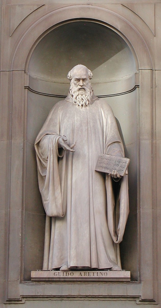 Posąg Gwidona z Arezzo (ok. 992 – ok. 1050), twórcy solmizacji i notacji liniowej, dziedziniec Uffizi · źródło: Riccardo Speziari, Wikimedia Commons, CC BY-SA 3.0
