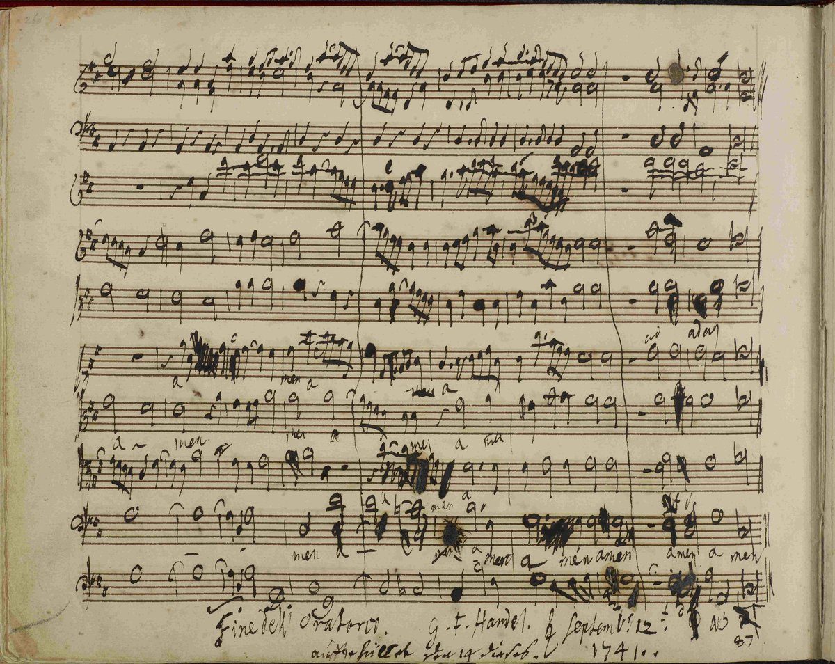 Autograf Händla — szkic chóru „Amen” z oratorium „Mesjasz” (1741) · źródło: Georg Friedrich Händel, Wikimedia Commons, domena publiczna