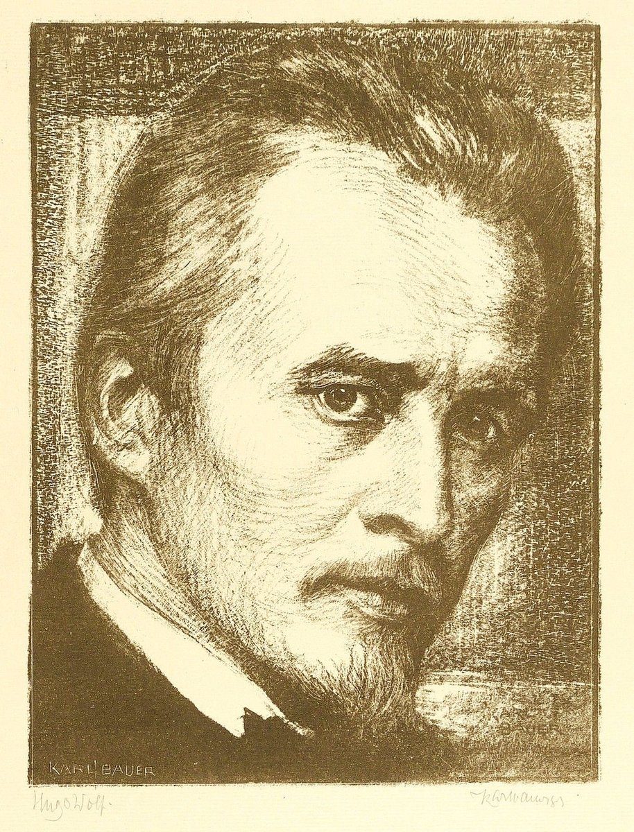 Portret Hugo Wolfa (litografia Karla Bauera, 1903), mistrza pieśni artystycznej · źródło: Karl Bauer, Wikimedia Commons, domena publiczna