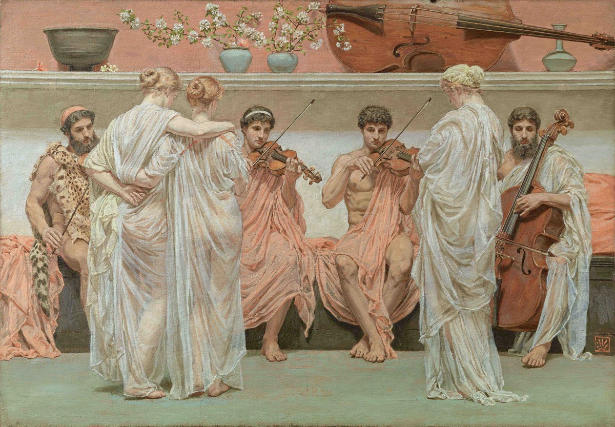 Kwartet smyczkowy w czasie wykonania — dwoje skrzypiec, altówka i wiolonczela jako muzyczna rozmowa czterech głosów · źródło: Albert Joseph Moore, Wikimedia Commons, domena publiczna