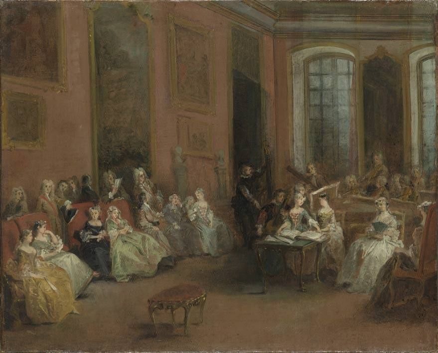 Koncert w salonie pałacu Crozata — śpiewaczka i muzycy z klawesynem, skrzypcami i wiolonczelą, scena muzyki galant · źródło: Nicolas Lancret, Wikimedia Commons, CC BY-SA 4.0