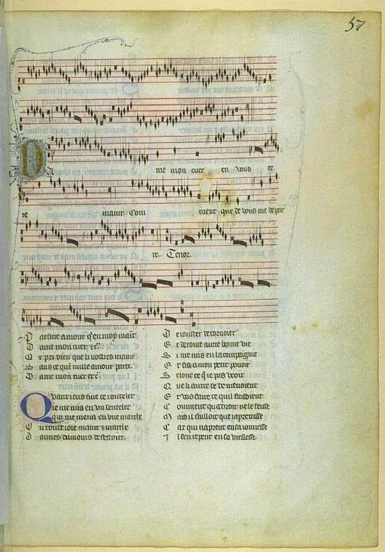 Rękopis trzygłosowego rondeau „Dame, mon cuer" Machaut (BnF, fr. 1586) — przykład formy stałej · źródło: nieznany, Wikimedia Commons, domena publiczna