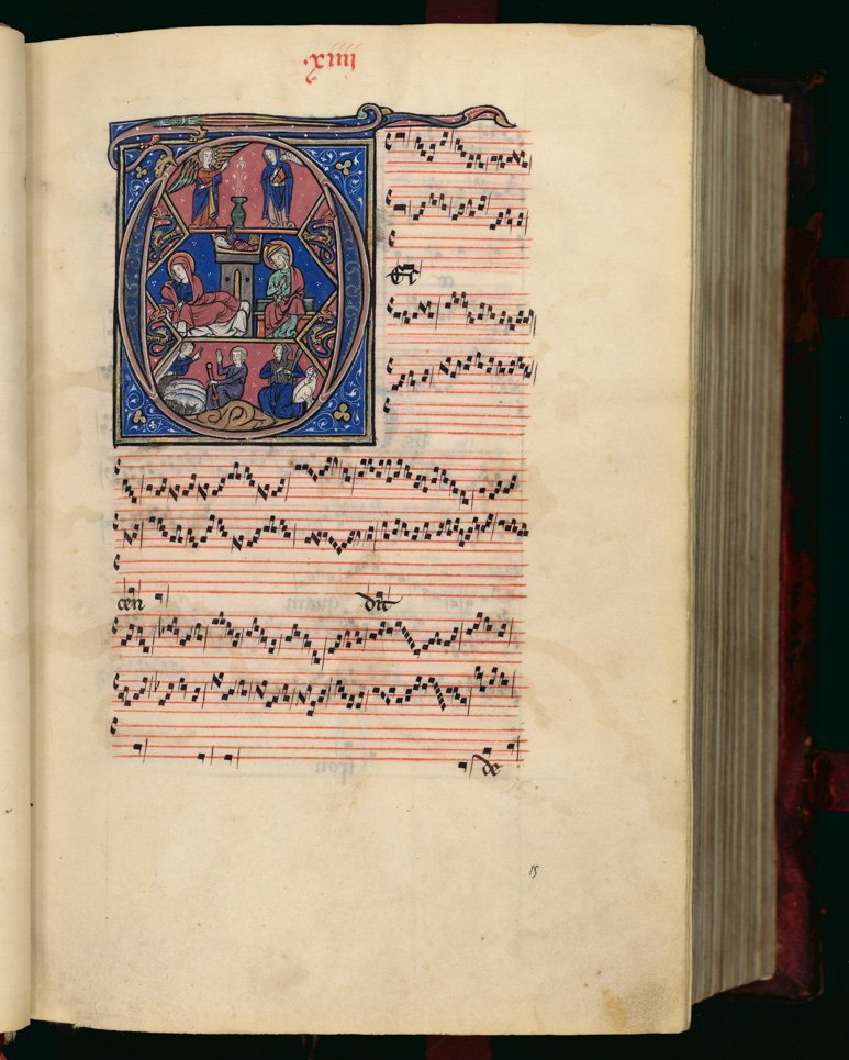 Karta organum z Magnus liber organi (folio rękopisu F szkoły Notre Dame, ok. 1250) — wielogłosowa notacja Léonina · źródło: nieznany, Wikimedia Commons, CC BY-SA 4.0