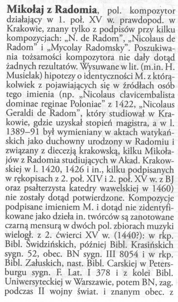 Plansza z muzyką Mikołaja z Radomia, pierwszego znanego z imienia polskiego kompozytora wielogłosowego · źródło: Elżbieta Dziębowska (Encyklopedia Muzyczna PWM), Wikimedia Commons, CC BY-SA 3.0