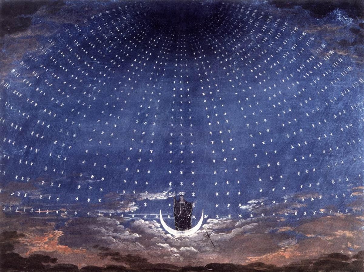 Sala Gwiazd Królowej Nocy — słynny projekt scenografii do „Czarodziejskiego fletu" Mozarta (ok. 1815) · źródło: Karl Friedrich Schinkel, Wikimedia Commons, domena publiczna