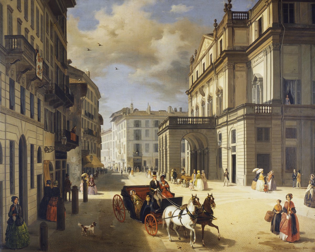 Fasada mediolańskiej La Scali (1852), obraz Angela Inganniego — świątyni opery włoskiej · źródło: Angelo Inganni, Wikimedia Commons, domena publiczna
