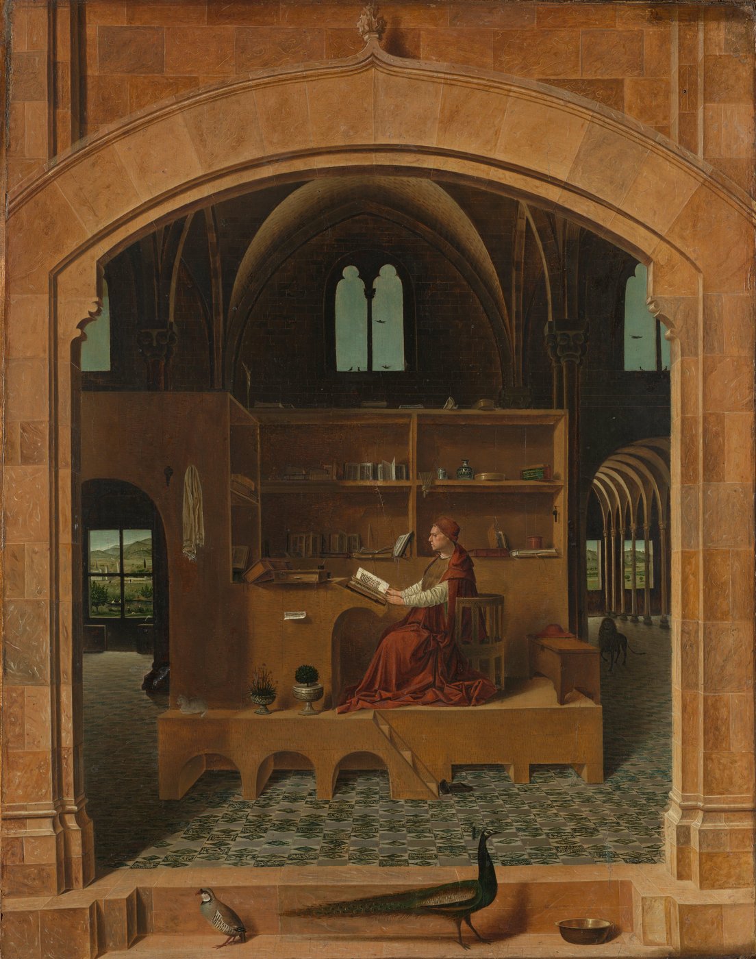 Antonello da Messina, Święty Hieronim w pracowni (ok. 1474–1475, National Gallery, Londyn) — uczony w intymnej przestrzeni biblioteki; lew (atrybut) ledwie widoczny w głębi. Poziom ikonologiczny: ideał humanitas · źródło: Wikimedia Commons, domena publiczna