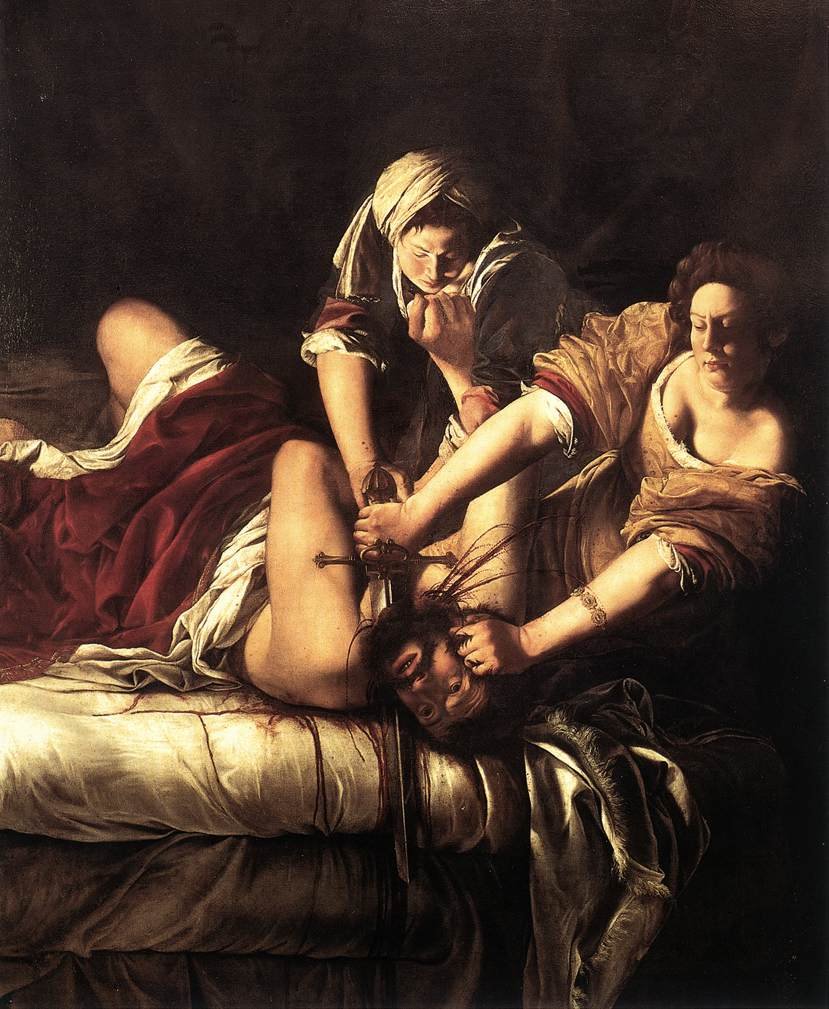Artemisia Gentileschi, Judyta ścinająca głowę Holofernesa (ok. 1620, Uffizi) — kobieta działająca z determinacją, bez eufemizmu krwi i mięśni; caravaggionistyczny realizm · źródło: Wikimedia Commons, domena publiczna
