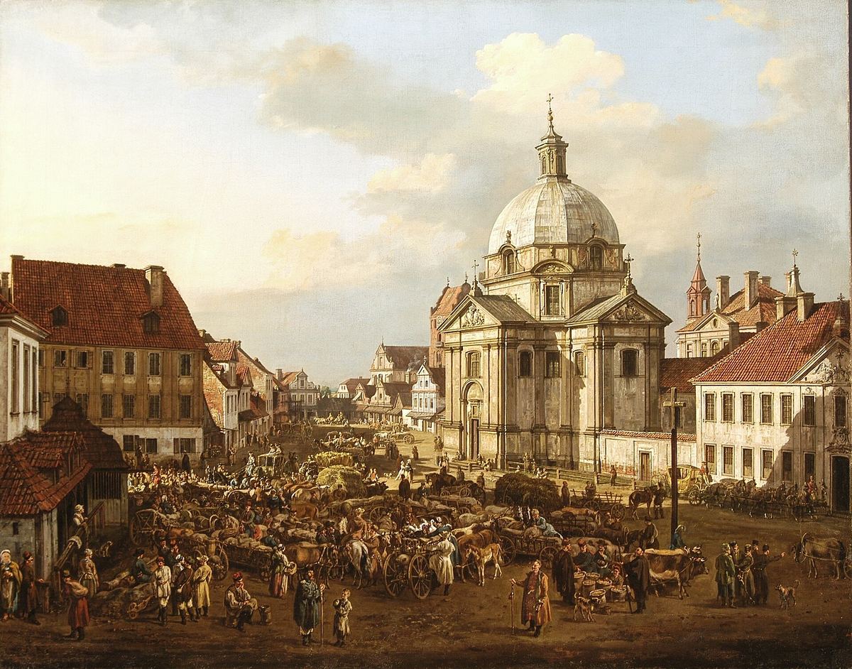 Bernardo Bellotto zwany Canalettem, Rynek Nowego Miasta w Warszawie (1778) — targ na rynku, a w głębi kopuła kościoła Sakramentek, wzniesionego według projektu Tylmana z Gameren · źródło: Wikimedia Commons, domena publiczna