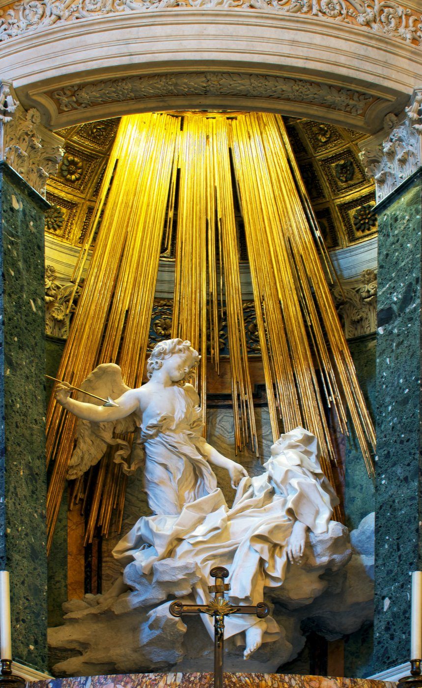 Bernini, Ekstaza świętej Teresy (1645–52, Santa Maria della Vittoria, Rzym) — synteza rzeźby, architektury i ukrytego światła; marmur udający miękką, falującą tkaninę · źródło: Livioandronico2013, Wikimedia Commons, CC BY-SA 4.0