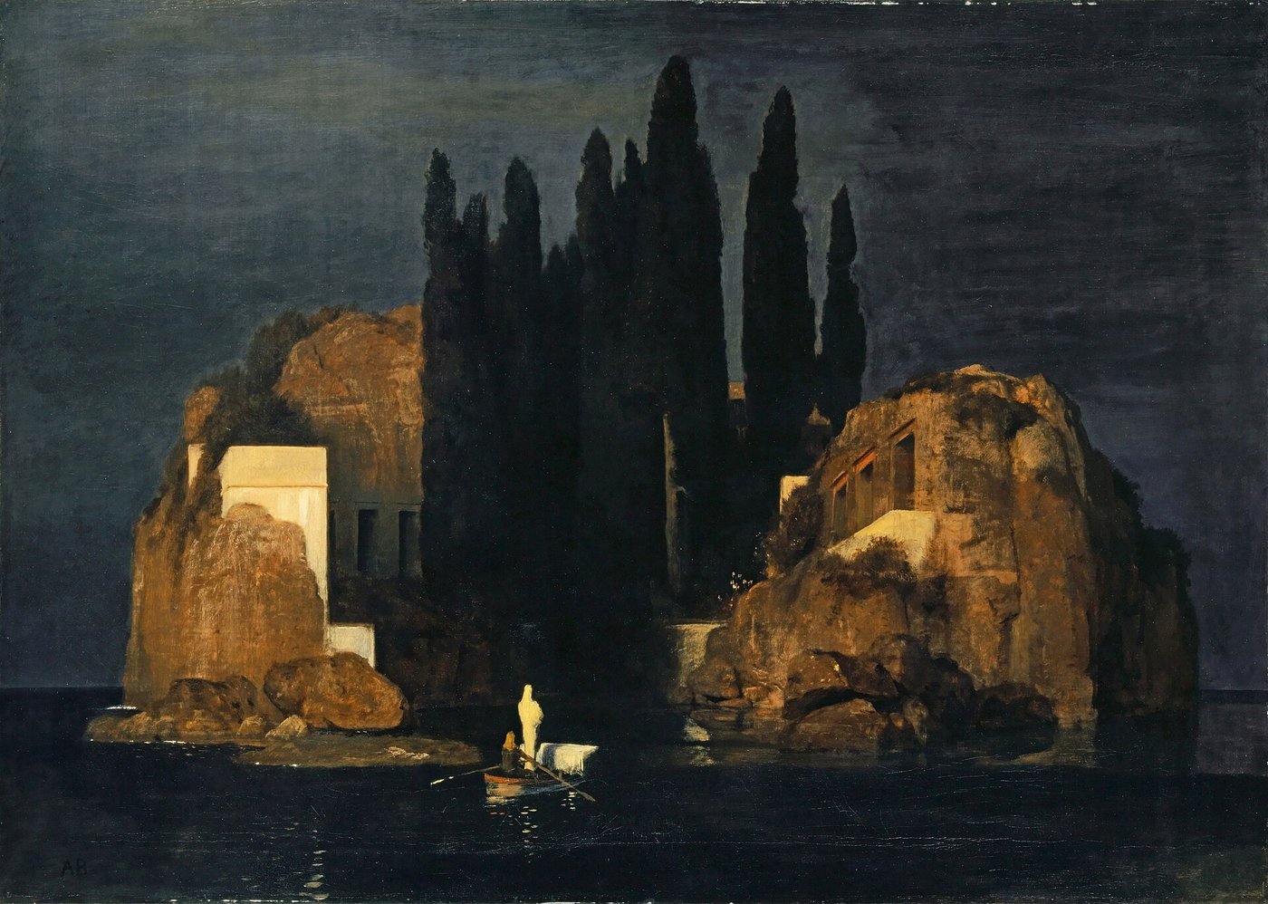 Arnold Böcklin, Wyspa umarłych (wersja I, 1880, Kunstmuseum Basel) — ciemna skalista wyspa, łódź z białą postacią i trumną; metafizyczny spokój odejścia, miejsce poza czasem · źródło: Arnold Böcklin, Wikimedia Commons, domena publiczna