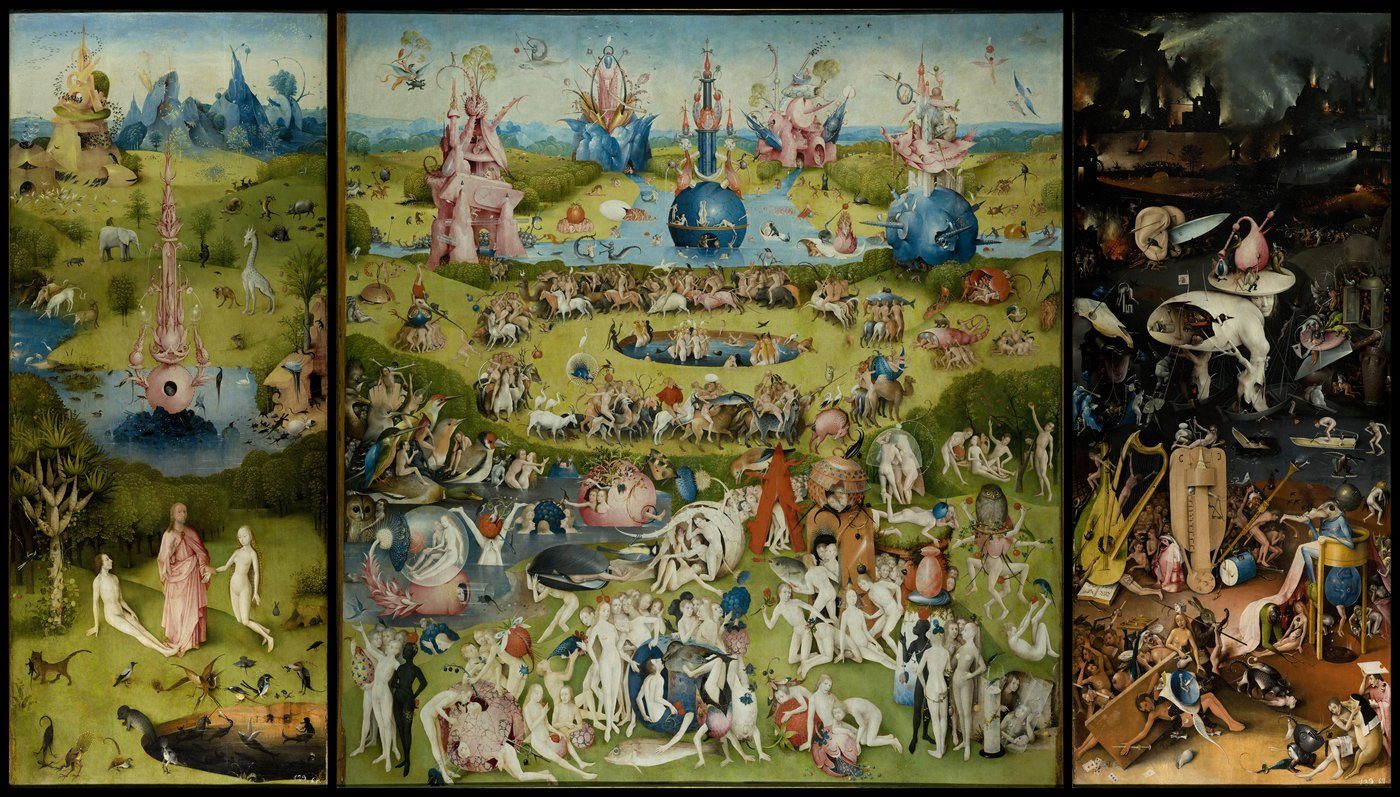 Hieronim Bosch, Ogród ziemskich rozkoszy (ok. 1490–1510, Prado) — tryptyk: Raj, fantastyczny ogród rozkoszy, Piekło; alegoria moralna grzechu zmysłowości · źródło: Wikimedia Commons, domena publiczna