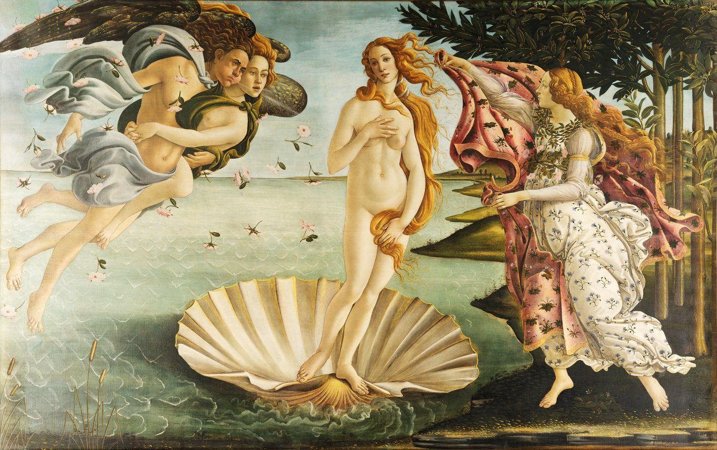 Sandro Botticelli, Narodziny Wenus (ok. 1484–1486, Uffizi) — Wenus na muszli (atrybut), Zefir z Chloris dmą wiatr, Hora czeka z szatą; deszcz róż. Temat mitologiczny do analizy ikonograficznej · źródło: Google Art Project, Wikimedia Commons, domena publiczna