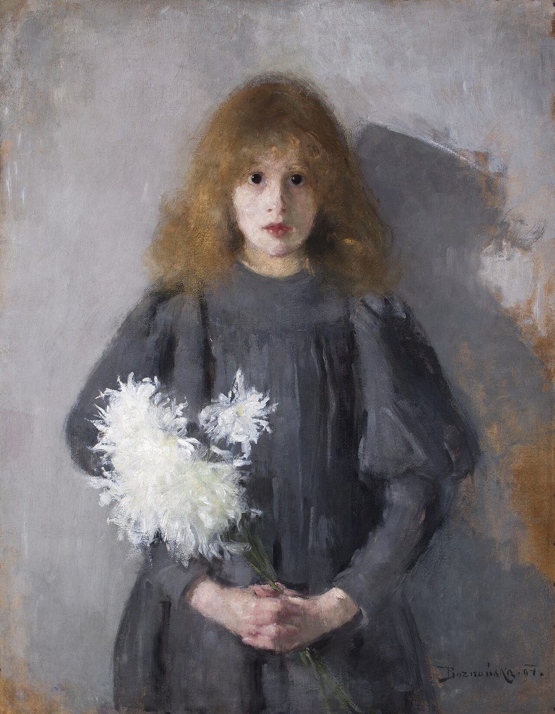 Olga Boznańska, Dziewczynka z chryzantemami (1894, Muzeum Narodowe w Krakowie) — blada dziewczynka w ciemnej sukience, z białymi kwiatami, na szaro-srebrnym tle · źródło: Muzeum Narodowe w Krakowie, Wikimedia Commons, domena publiczna