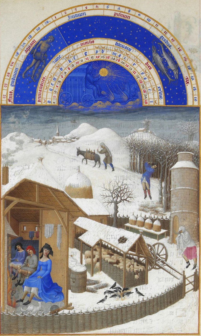 Bracia Limburg, miniatura „Luty" z Très Riches Heures du duc de Berry (ok. 1412–16) — zaśnieżona wieś, owce, ludzie grzejący się przy ogniu; jeden z pierwszych realistycznych pejzaży zimowych · źródło: Wikimedia Commons, domena publiczna