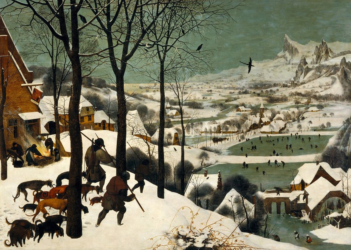 Pieter Bruegel Starszy, Myśliwi na śniegu (1565, Kunsthistorisches Museum, Wiedeń) — z pierwszego planu myśliwi z psami schodzą do wsi, w dole dolina z zamarzniętymi stawami pełnymi łyżwiarzy · źródło: Google Art Project, Wikimedia Commons, domena publiczna