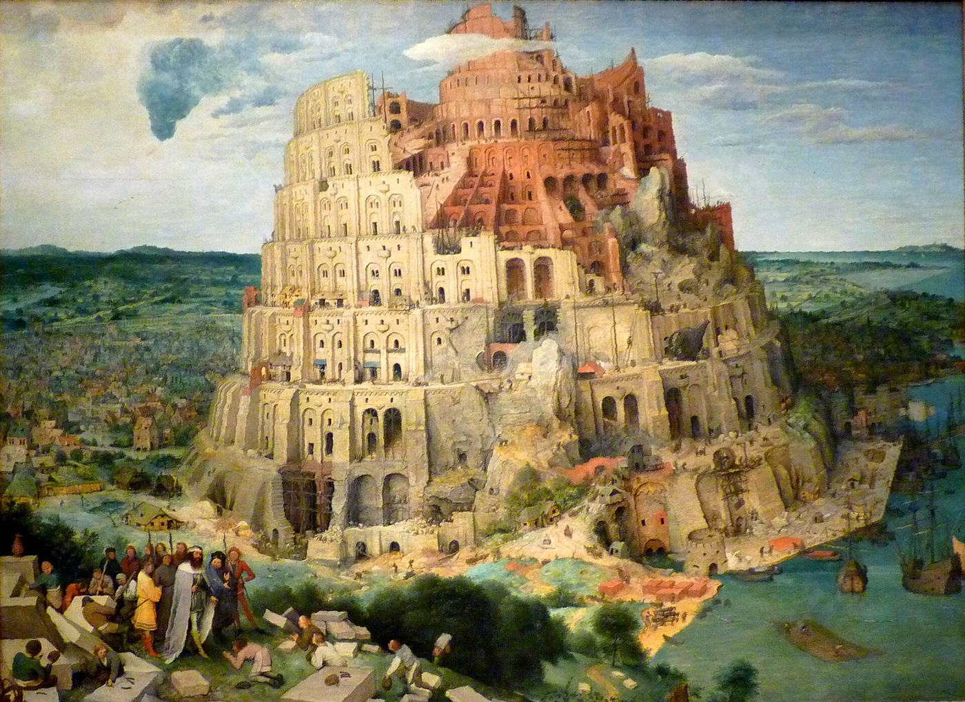 Pieter Bruegel Starszy, Wieża Babel (1563, Kunsthistorisches Museum, Wiedeń) — ogromna, niedokończona budowla nad portem, oblepiona rusztowaniami i drobnymi figurkami robotników · źródło: Wikimedia Commons, domena publiczna