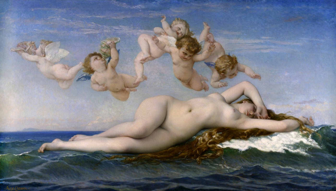 Cabanel, Narodziny Wenus (1863, Orsay) — gładki, mlecznobiały akt akademicki; mitologiczny kostium czyni nagość „bezpieczną" dla Salonu (Napoleon III kupił obraz) · źródło: Wikimedia Commons, domena publiczna