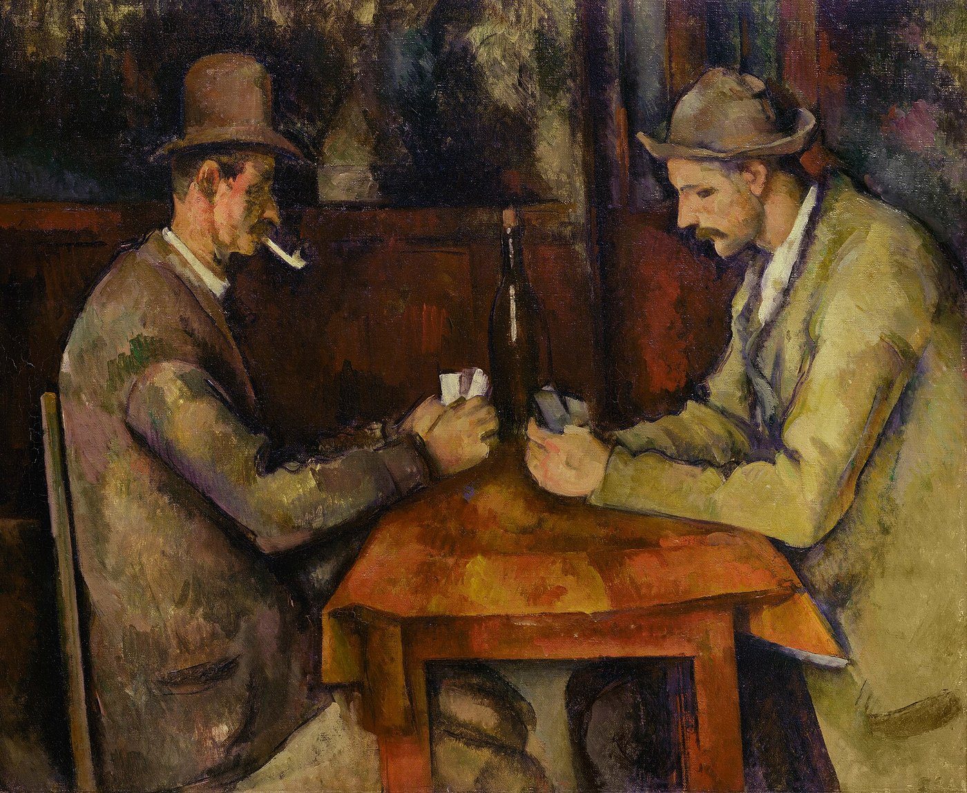 Paul Cézanne, Gracze w karty (ok. 1894–95, Musée d'Orsay) — postacie zgeometryzowane, niemal cylindryczne; bez anegdoty, sama forma i równowaga · źródło: Paul Cézanne, Wikimedia Commons, domena publiczna