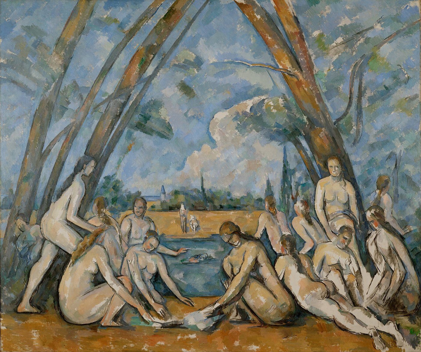 Paul Cézanne, Wielkie kąpielisko (1900–06, Philadelphia Museum of Art) — akty zredukowane do kształtów wpisanych w trójkątną architekturę; obraz studiowany przez Picassa i Braque'a · źródło: Paul Cézanne, Wikimedia Commons, domena publiczna