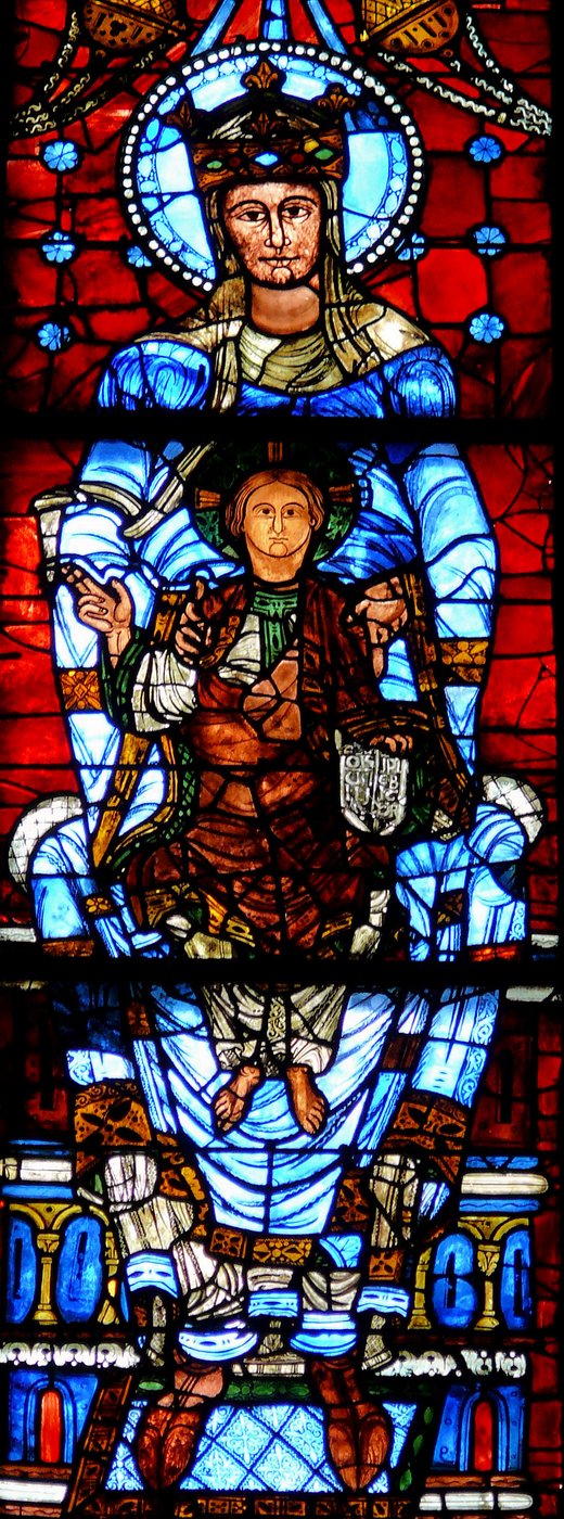 Witraż „Belle Verrière" (Piękna Szklarka) z katedry w Chartres (XII–XIII w.) — Madonna z Dzieciątkiem w szacie z „błękitu chartreskiego" (z kobaltu), na czerwonym tle · źródło: MOSSOT, Wikimedia Commons, CC BY-SA 3.0