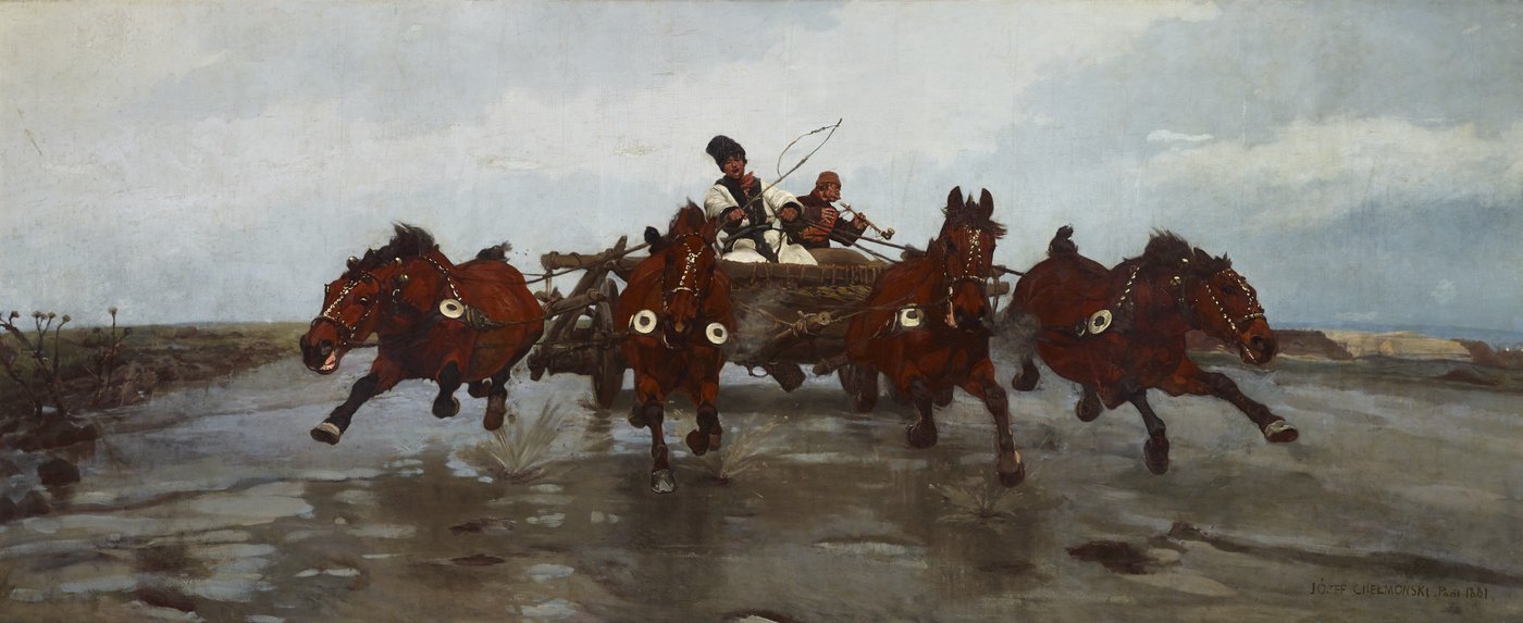 Józef Chełmoński, Czwórka (1881) — rozpędzony zaprzęg czterokonny na rozmokłej stepowej drodze, wprost ku widzowi; dynamiczny realizm pędu · źródło: Wikimedia Commons, domena publiczna