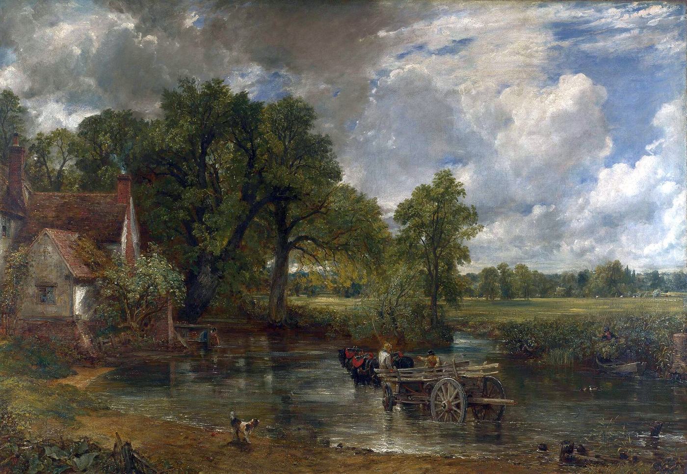 John Constable, Wóz z sianem (1821, National Gallery, Londyn) — wóz przejeżdża przez płytką rzekę obok wiejskiego domu, nad łąkami płyną wielkie chmury · źródło: Wikimedia Commons, domena publiczna