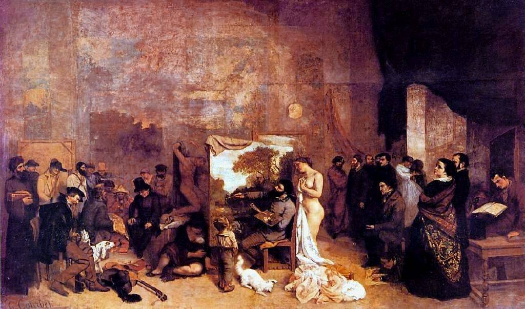 Courbet, Pracownia malarza (1855, Orsay) — „prawdziwa alegoria": artysta w centrum między brutalną rzeczywistością (lewa) a wyrafinowaną kulturą (prawa) · źródło: Wikimedia Commons, domena publiczna