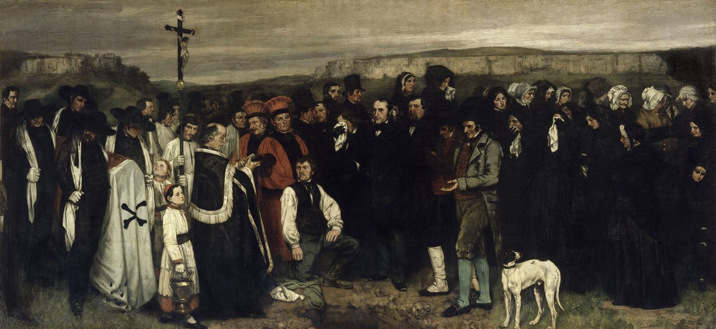 Courbet, Pogrzeb w Ornans (1849–50, Orsay) — zwykli mieszkańcy prowincjonalnej wsi na formacie 3×7 m zarezerwowanym dla cesarzy i bogów; manifest realizmu · źródło: Wikimedia Commons, domena publiczna