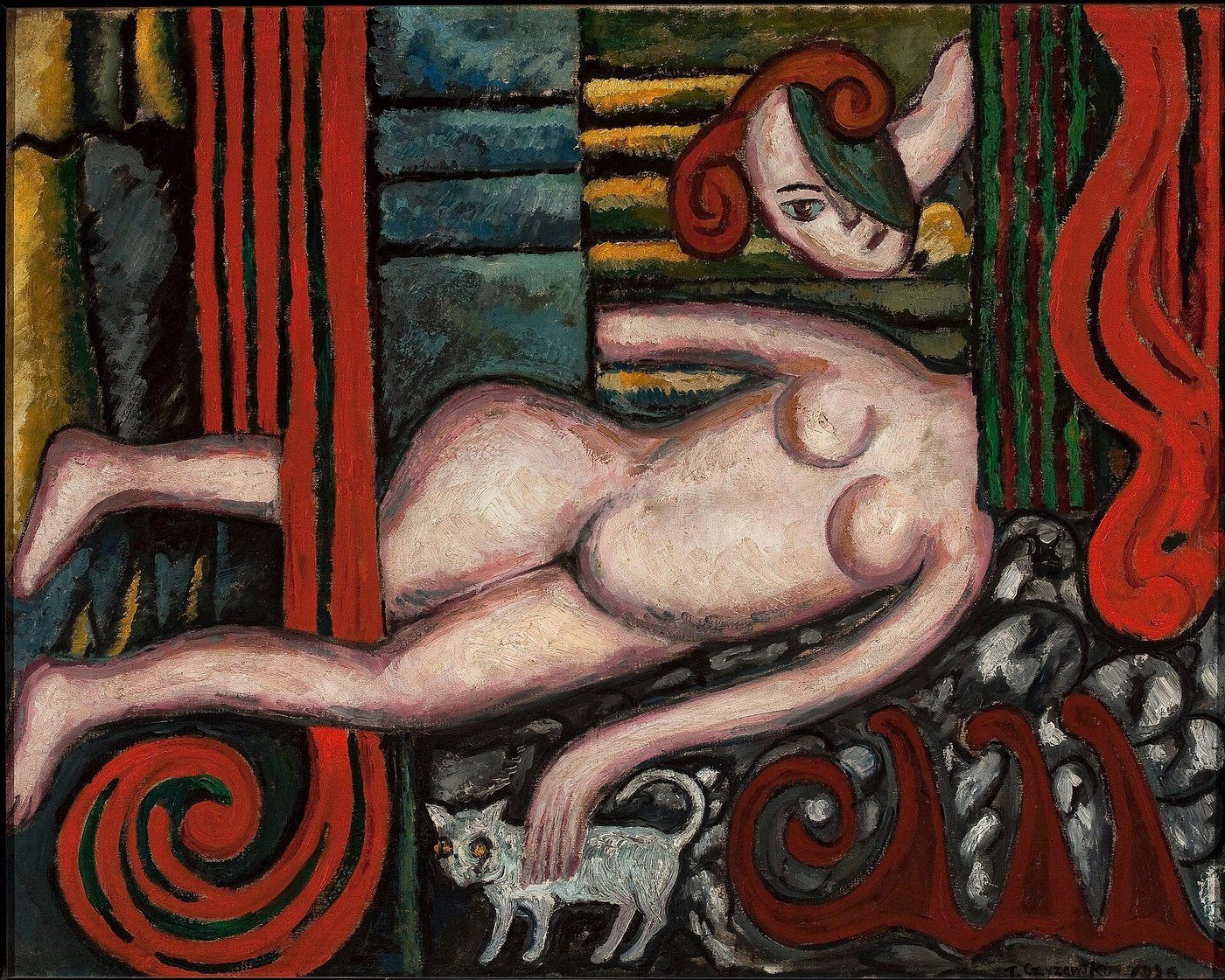 Tytus Czyżewski, Akt z kotem (1920, Muzeum Narodowe w Warszawie) — formizm: kubizm i ekspresjonizm z elementem polskiej sztuki ludowej, uproszczona forma · źródło: Tytus Czyżewski, Wikimedia Commons, domena publiczna
