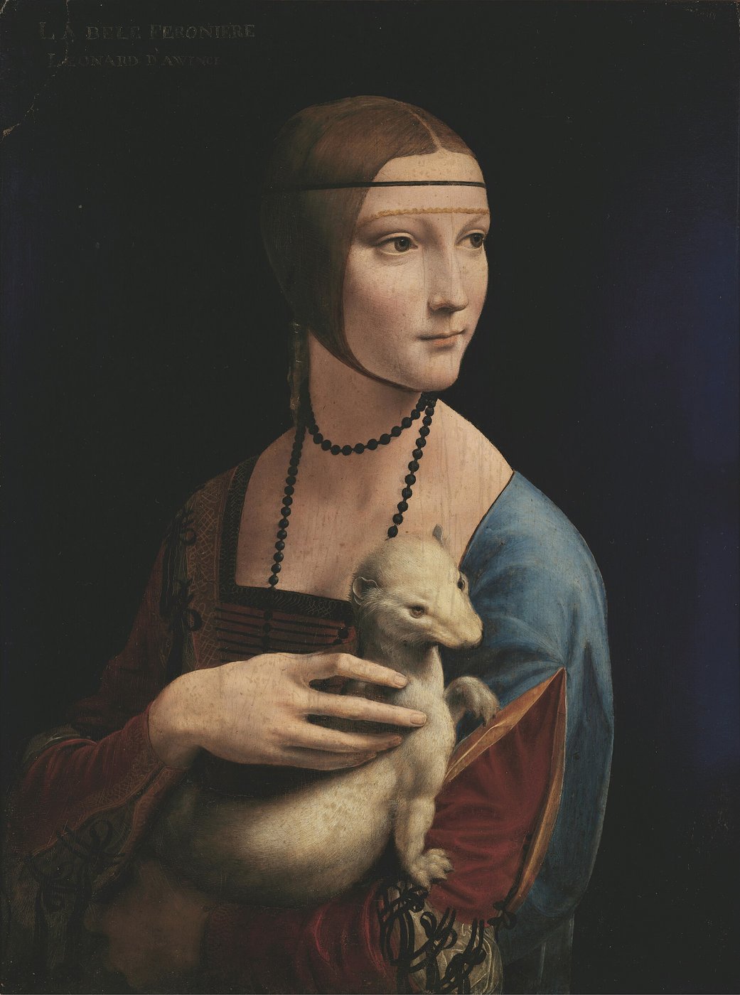 Leonardo da Vinci, Dama z gronostajem (ok. 1490, Muzeum Czartoryskich) — jeden z czterech kobiecych portretów Leonarda; kontrapost głowy i ciała; skradziona w wojnę, ocalona i zwrócona · źródło: Leonardo da Vinci, Wikimedia Commons, domena publiczna