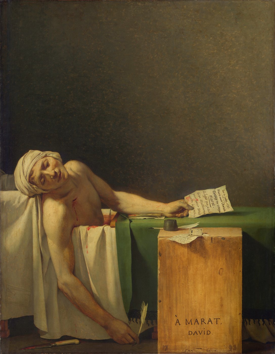 Jacques-Louis David, Śmierć Marata (1793) — zamordowany przywódca rewolucji jako świecki święty; ciało skomponowane jak Pieta · źródło: Wikimedia Commons, domena publiczna
