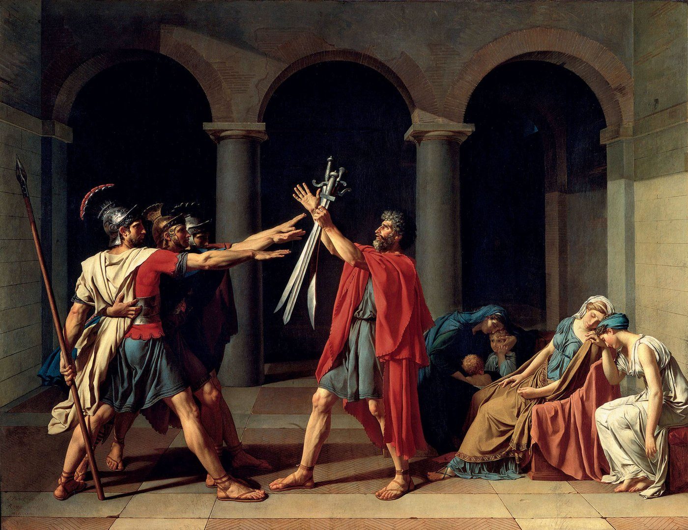 Jacques-Louis David, Przysięga Horacjuszy (1784, Luwr) — kompozycja fryzowa, „zimne" oświetlenie; cnota obywatelska (mężczyźni) kontra prywatne uczucie (kobiety) · źródło: Wikimedia Commons, domena publiczna