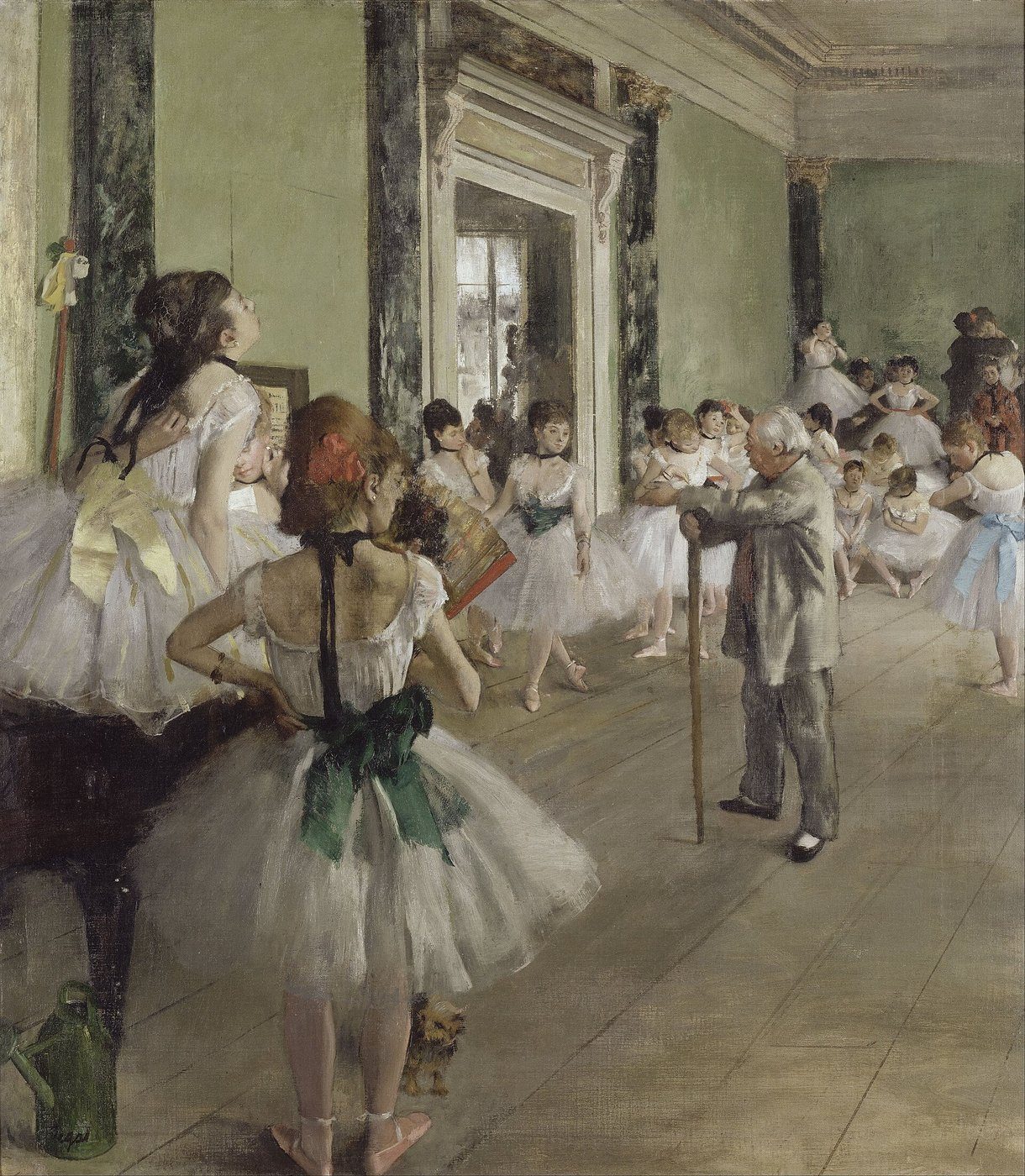 Edgar Degas, Lekcja tańca (1873–1876, Musée d'Orsay) — tancerki Opery w żmudnej próbie, kadr „ucięty" jak w fotografii; ruch ciała ważniejszy od pozy · źródło: Edgar Degas, Wikimedia Commons, domena publiczna
