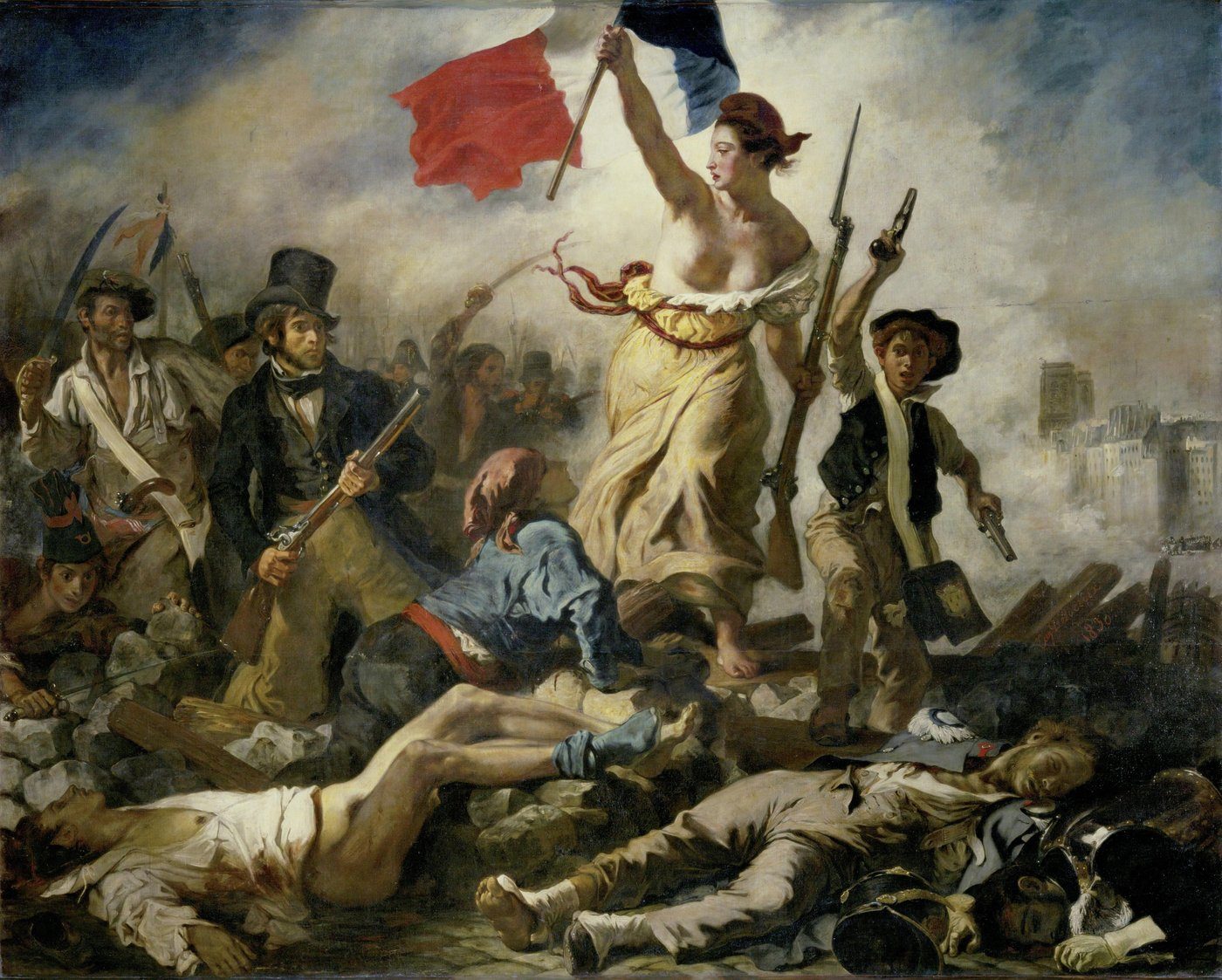 Delacroix, Wolność prowadząca lud (1830, Luwr) — alegoria Wolności z czapką frygijską i trójkolorową flagą wśród realnych powstańców rewolucji lipcowej · źródło: Wikimedia Commons, domena publiczna