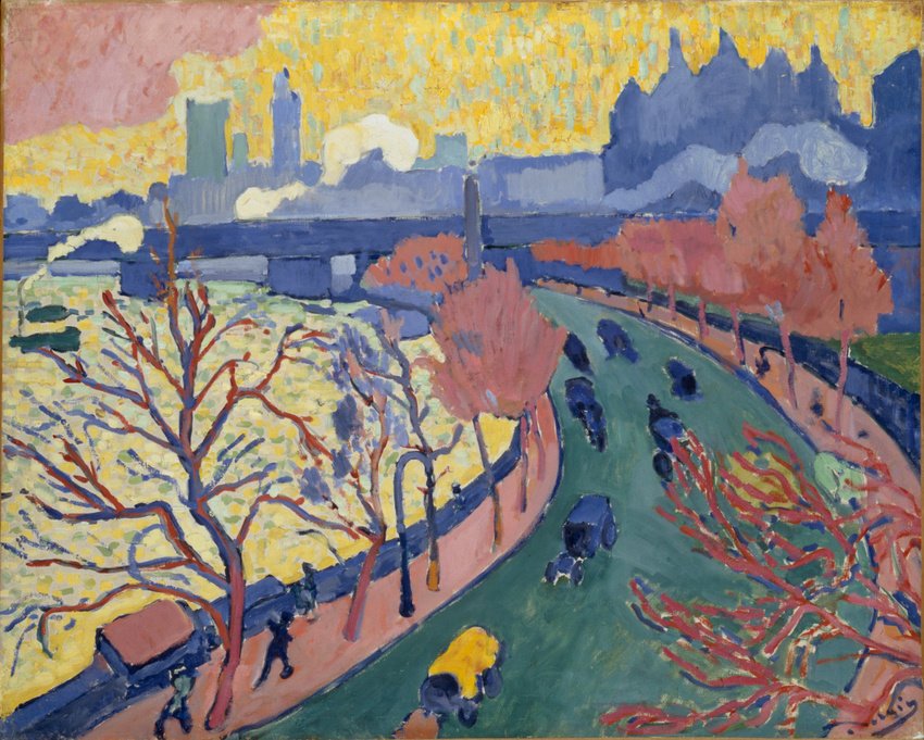 André Derain, Most Charing Cross (ok. 1906, Musée d'Orsay) — londyńska mgła wypędzona krzykliwymi różami i błękitami; fowistyczny kolor autonomiczny · źródło: André Derain, Wikimedia Commons, domena publiczna