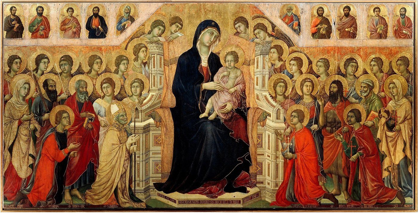 Duccio, Maestà (1308–1311, Siena) — Maria w Majestacie z aniołami i świętymi na złotym tle; szkoła sieneńska, dłużej wierna tradycji bizantyjskiej · źródło: Wikimedia Commons, domena publiczna