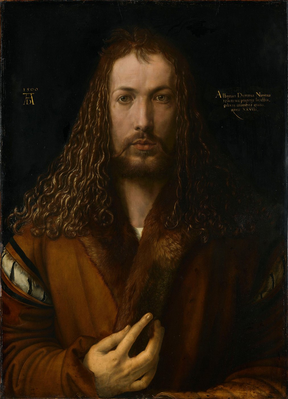 Albrecht Dürer, Autoportret (1500, Stara Pinakoteka, Monachium) — frontalna, „Chrystusowa" poza; artysta jako powołanie boskie, gest nowej epoki · źródło: Wikimedia Commons, domena publiczna